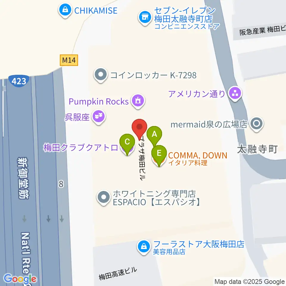 梅田クラブクアトロ周辺のファミレス・ファーストフード一覧地図