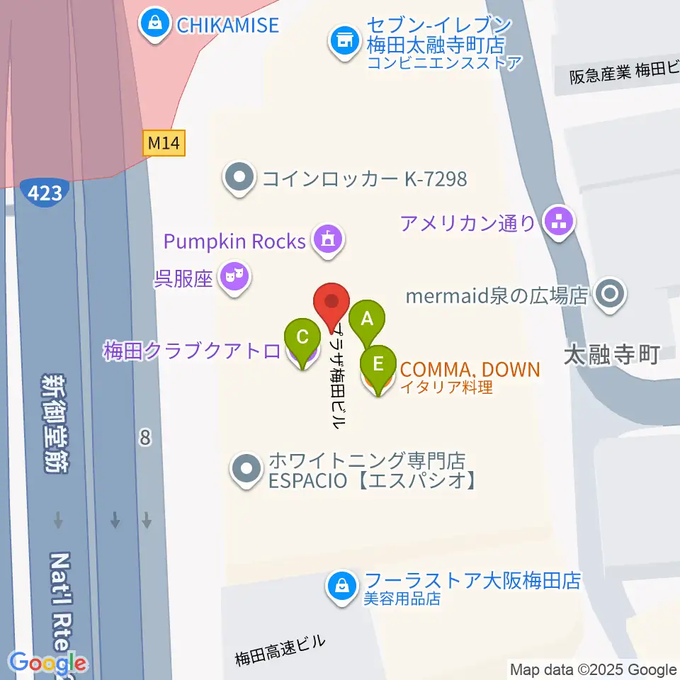 梅田クラブクアトロ周辺のファミレス・ファーストフード一覧地図