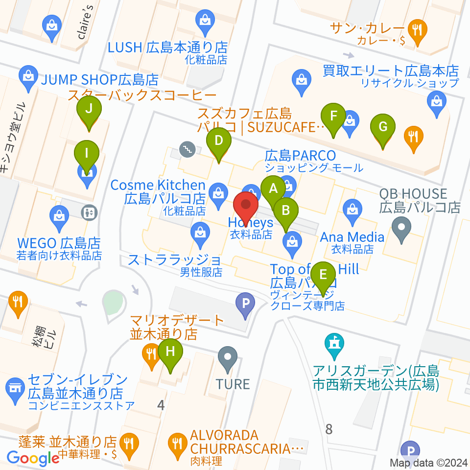 広島クラブクアトロ周辺のファミレス・ファーストフード一覧地図