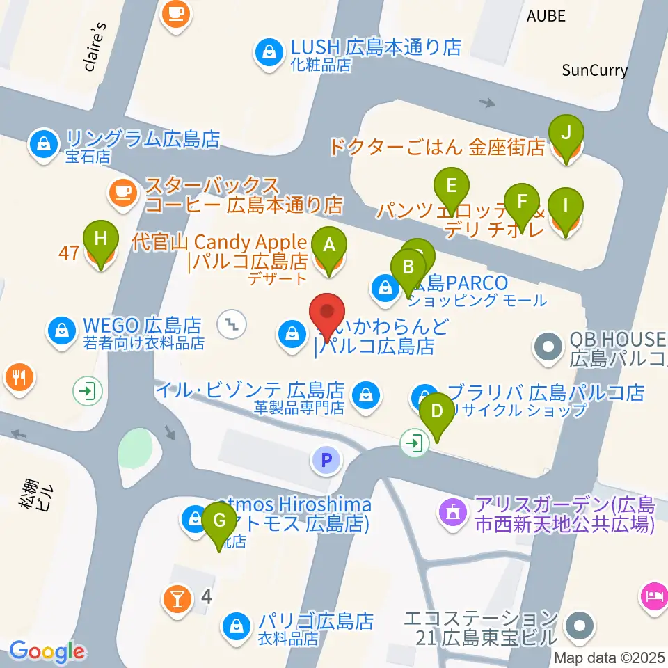 広島クラブクアトロ周辺のファミレス・ファーストフード一覧地図