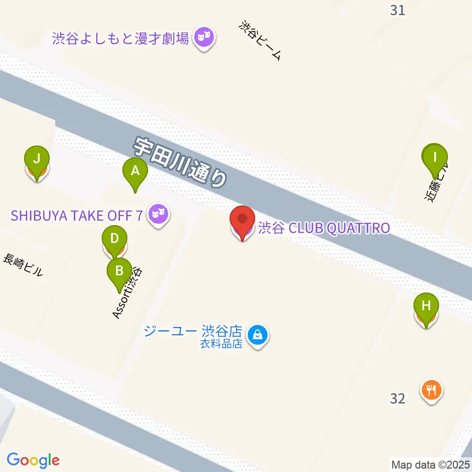 渋谷クラブクアトロ周辺のファミレス・ファーストフード一覧地図
