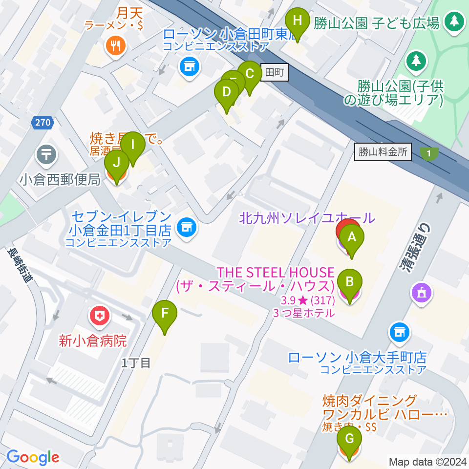 北九州ソレイユホール周辺のファミレス・ファーストフード一覧地図