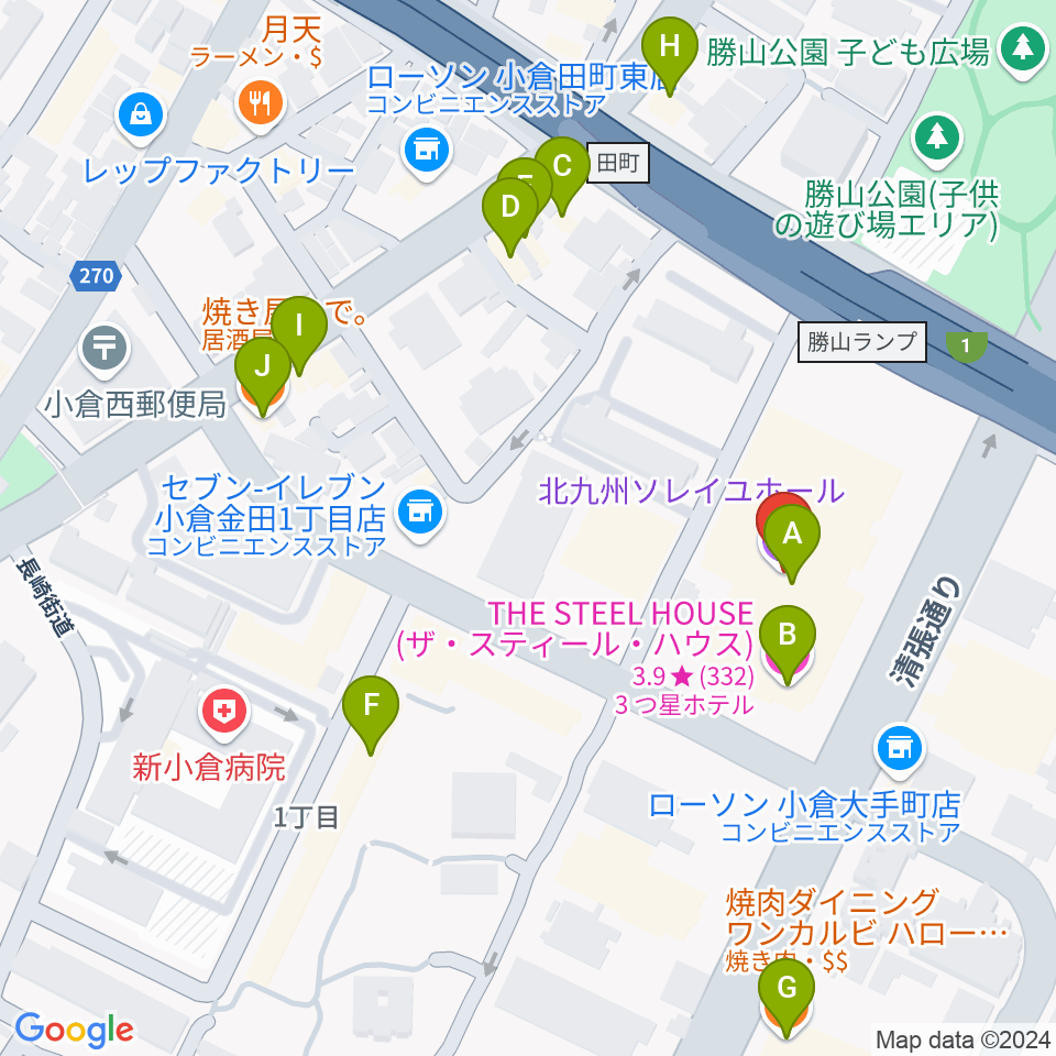 北九州ソレイユホール周辺のファミレス・ファーストフード一覧地図