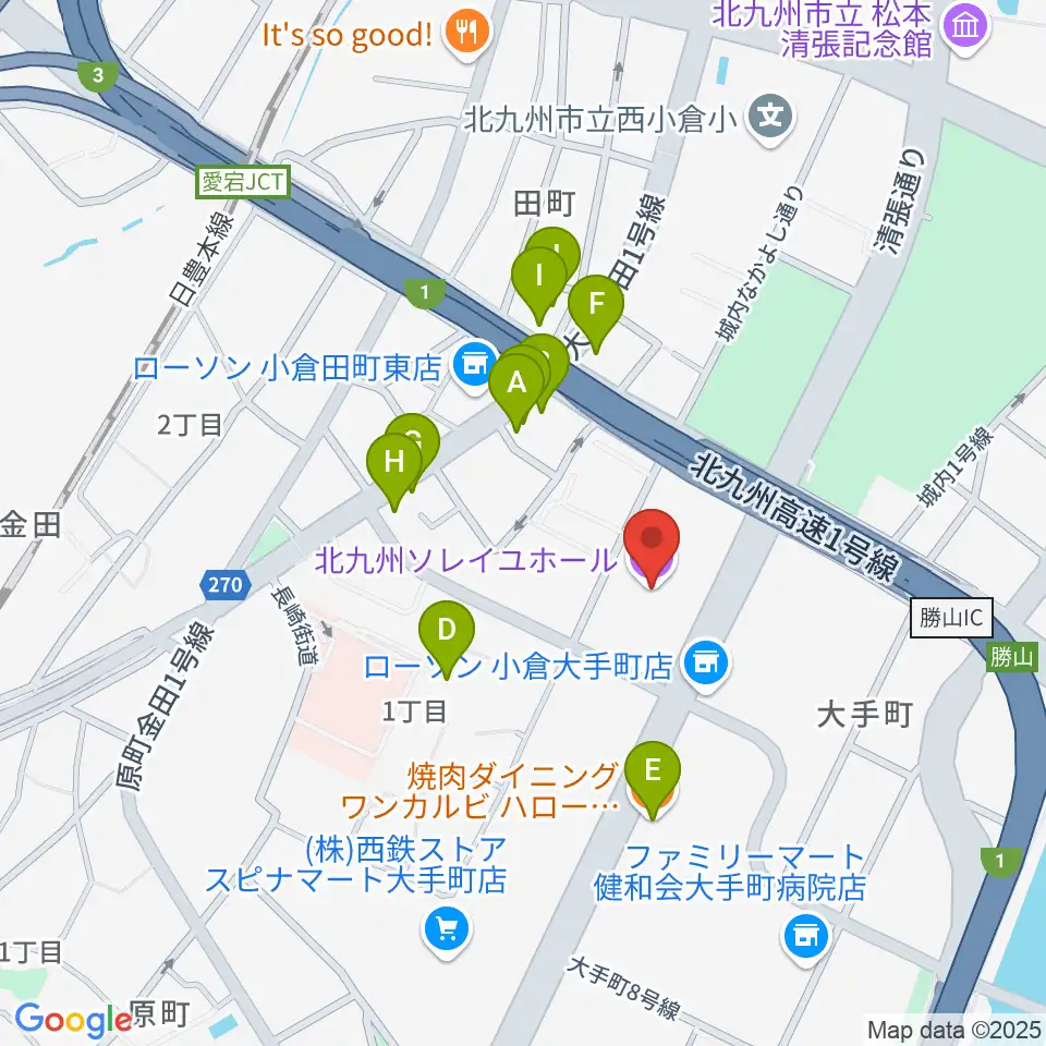 北九州ソレイユホール周辺のファミレス・ファーストフード一覧地図