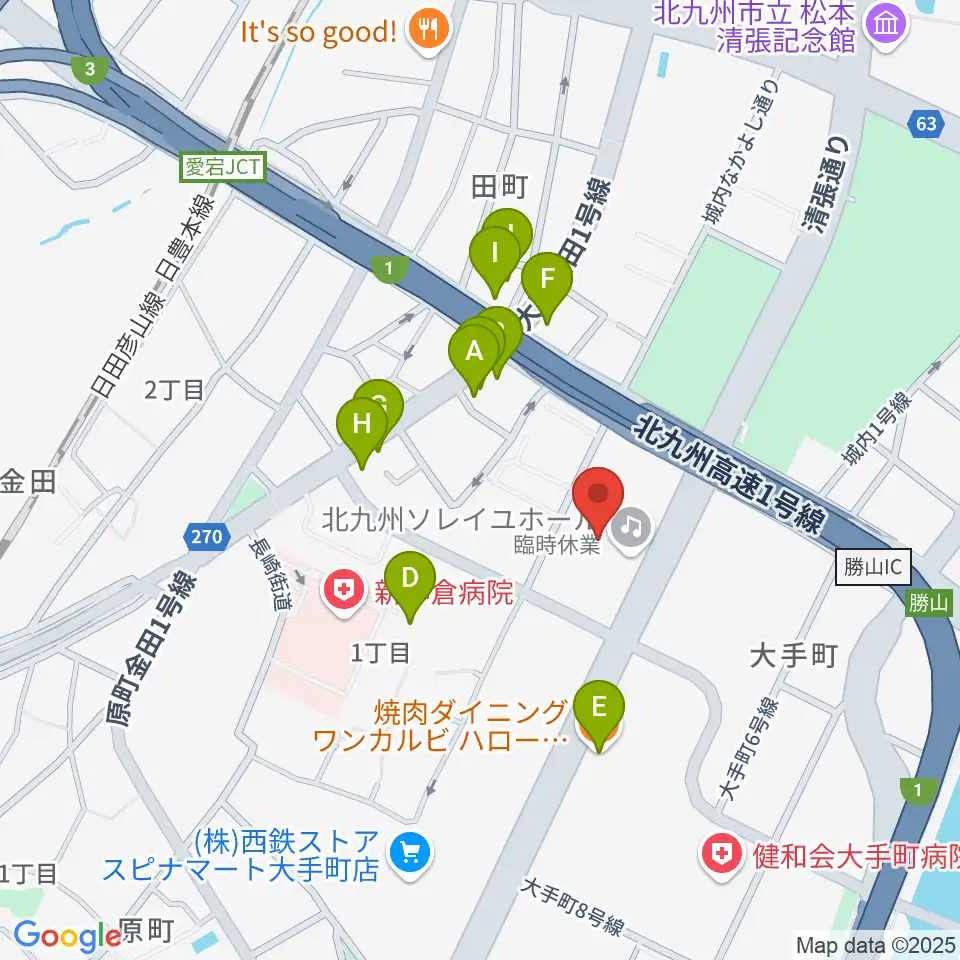 北九州ソレイユホール周辺のファミレス・ファーストフード一覧地図