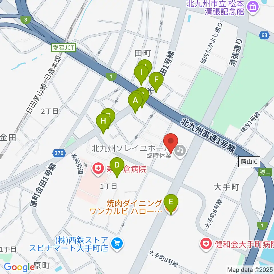 北九州ソレイユホール周辺のファミレス・ファーストフード一覧地図