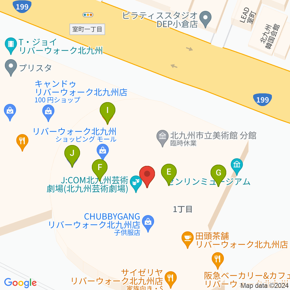 J:COM北九州芸術劇場周辺のファミレス・ファーストフード一覧地図