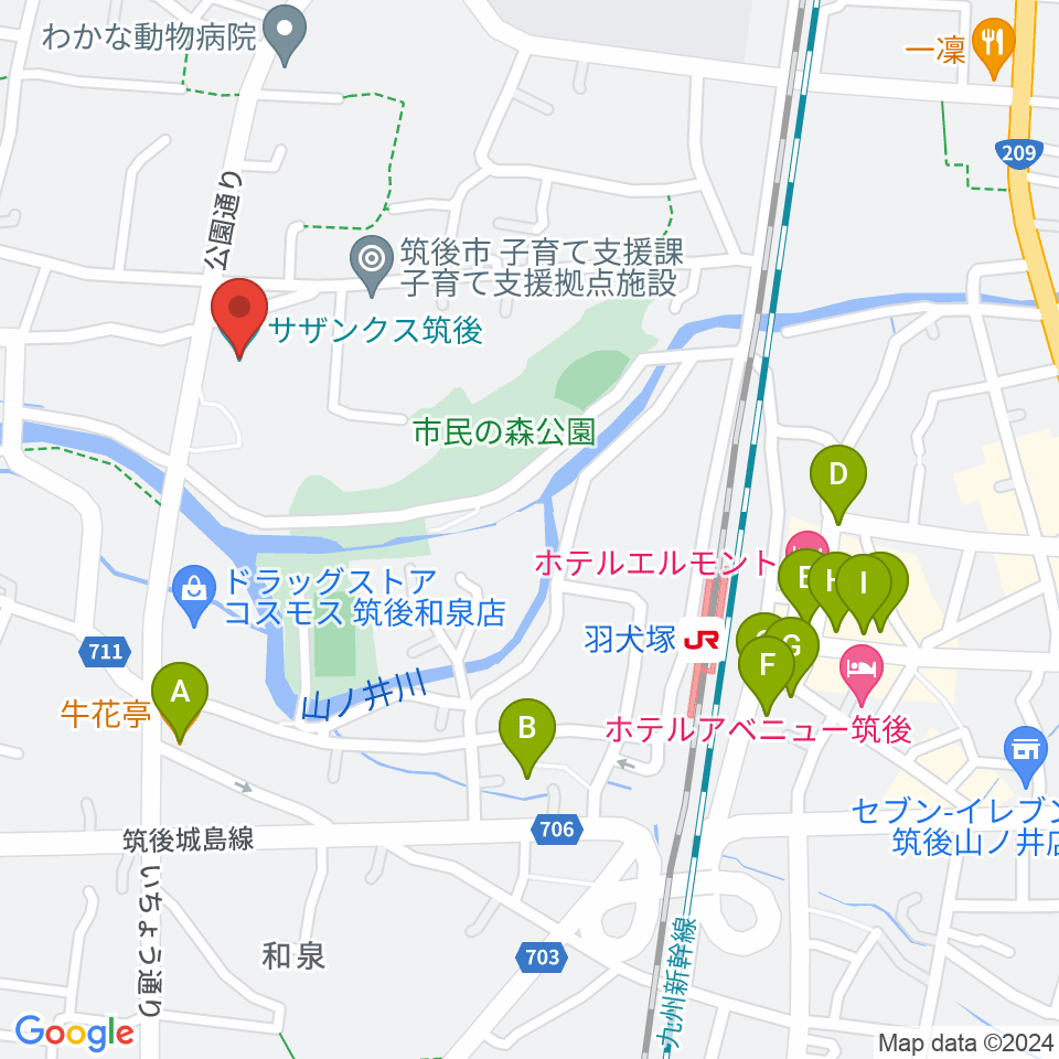 サザンクス筑後周辺のファミレス・ファーストフード一覧地図