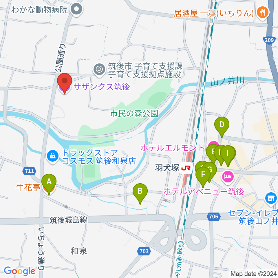 サザンクス筑後周辺のファミレス・ファーストフード一覧地図