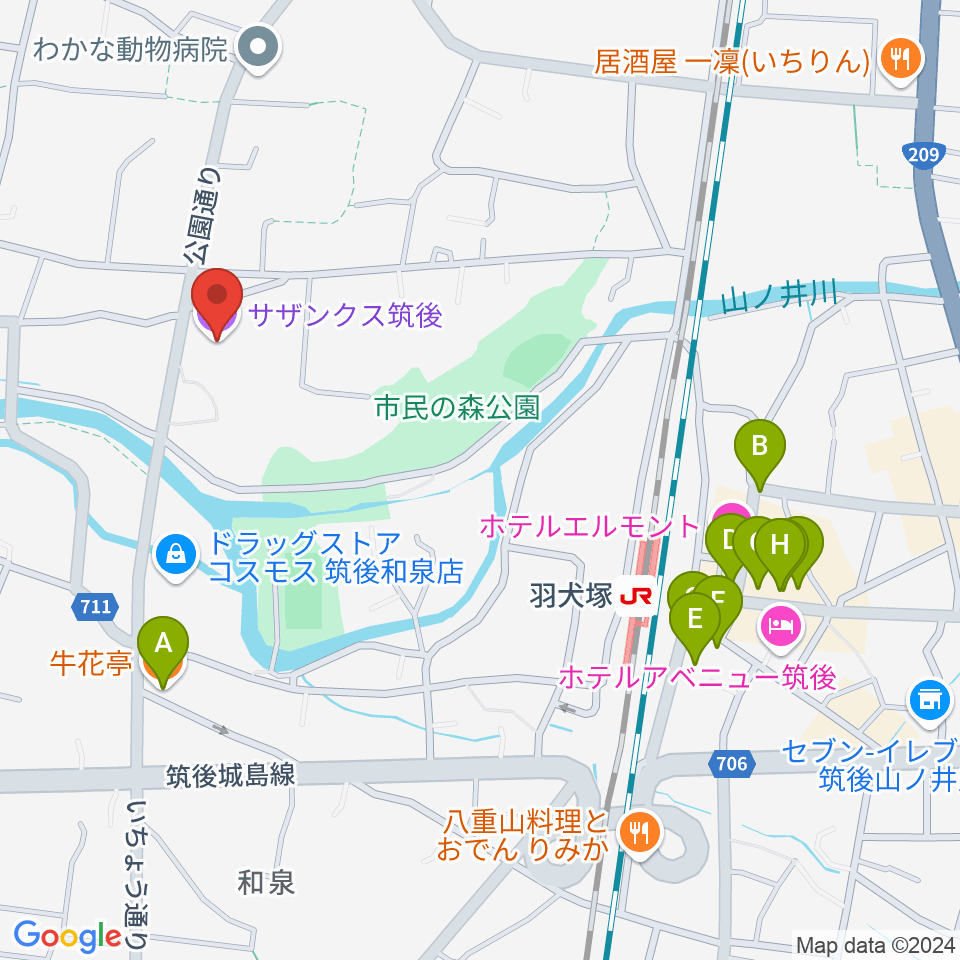 サザンクス筑後周辺のファミレス・ファーストフード一覧地図