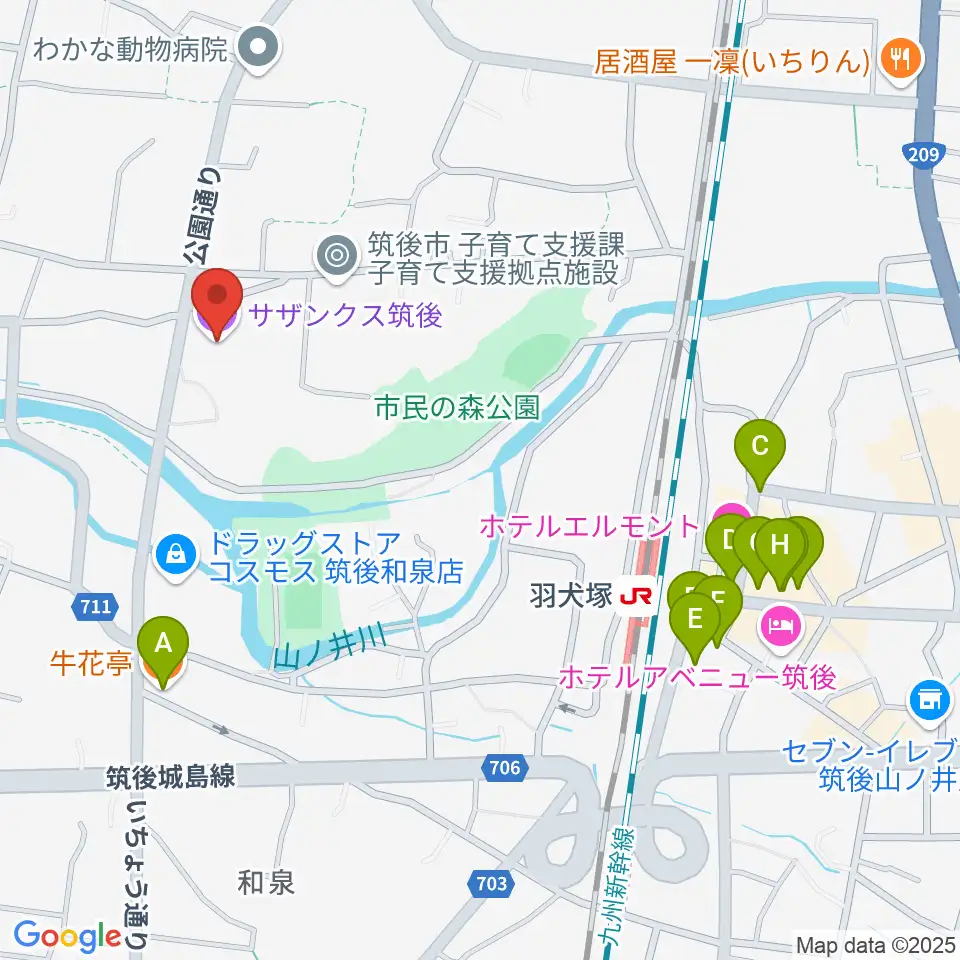 サザンクス筑後周辺のファミレス・ファーストフード一覧地図
