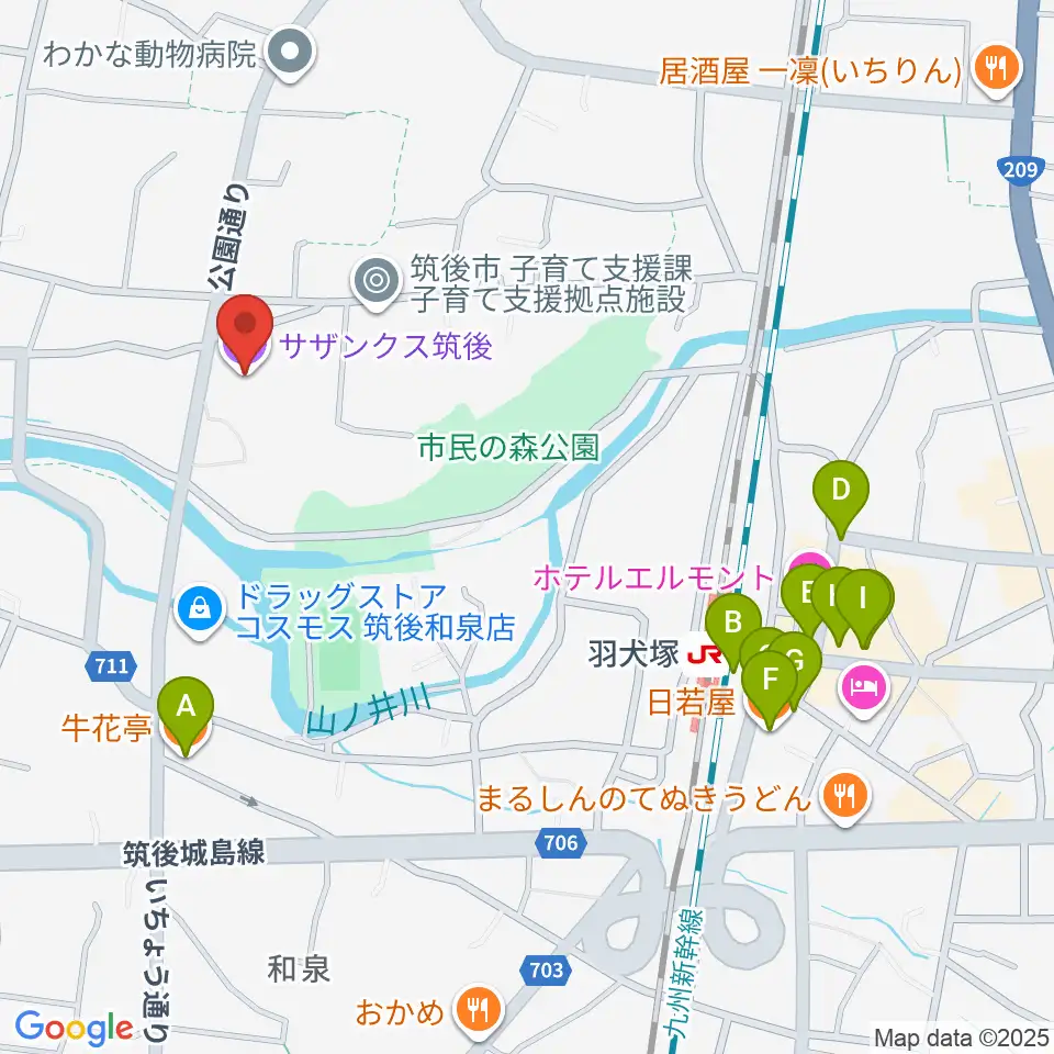サザンクス筑後周辺のファミレス・ファーストフード一覧地図