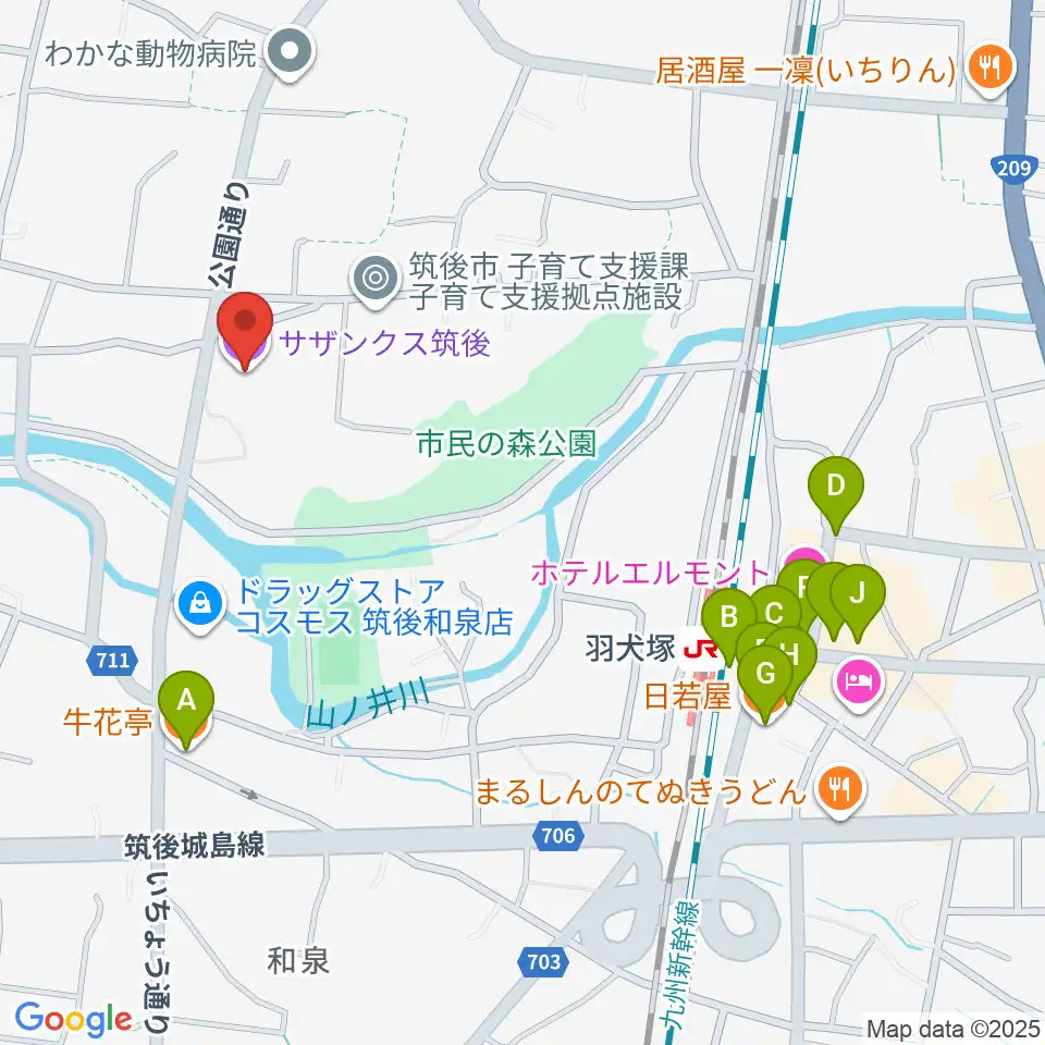 サザンクス筑後周辺のファミレス・ファーストフード一覧地図