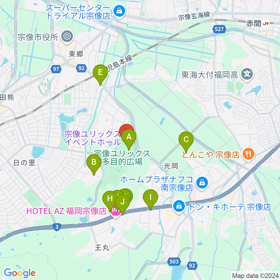 宗像ユリックス周辺のファミレス・ファーストフード一覧地図