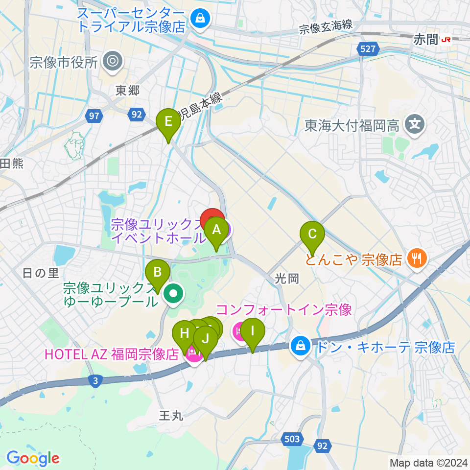 宗像ユリックス周辺のファミレス・ファーストフード一覧地図