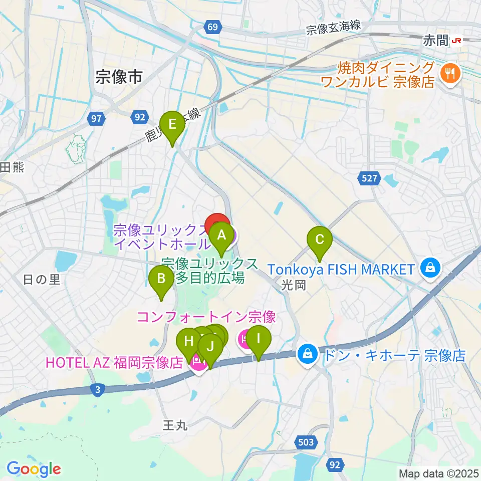 宗像ユリックス周辺のファミレス・ファーストフード一覧地図