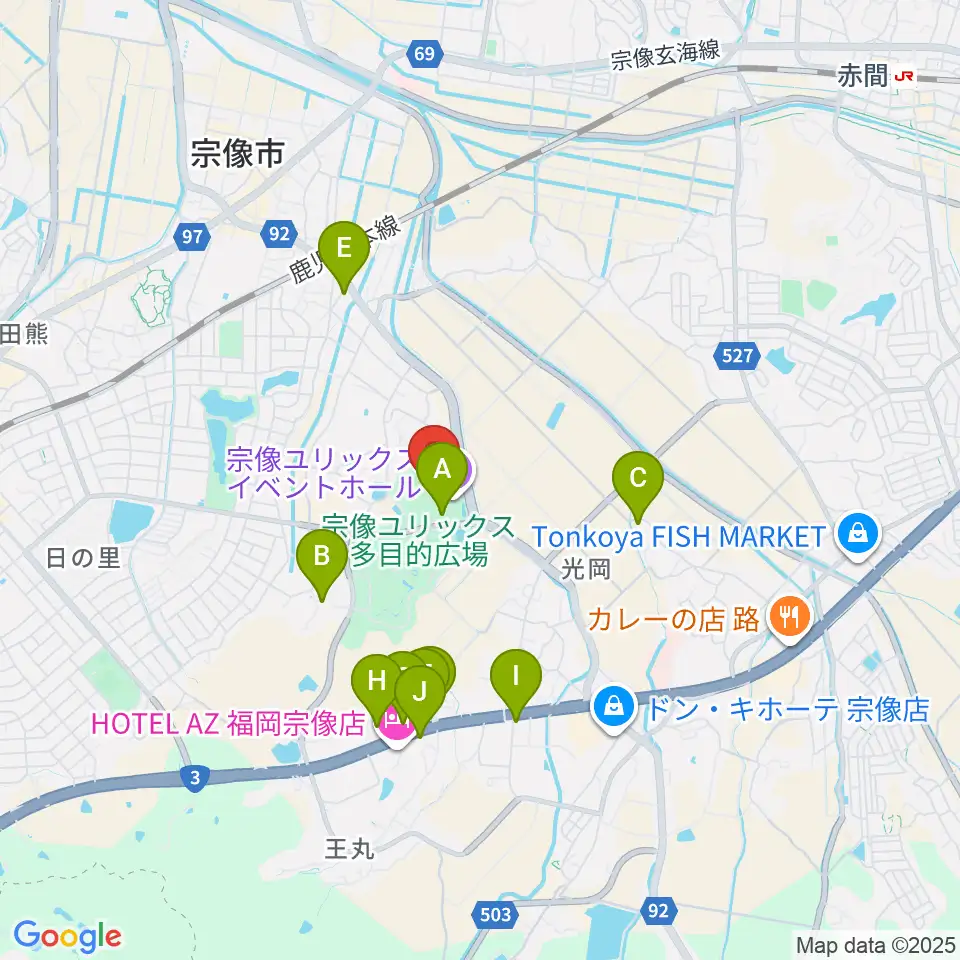 宗像ユリックス周辺のファミレス・ファーストフード一覧地図