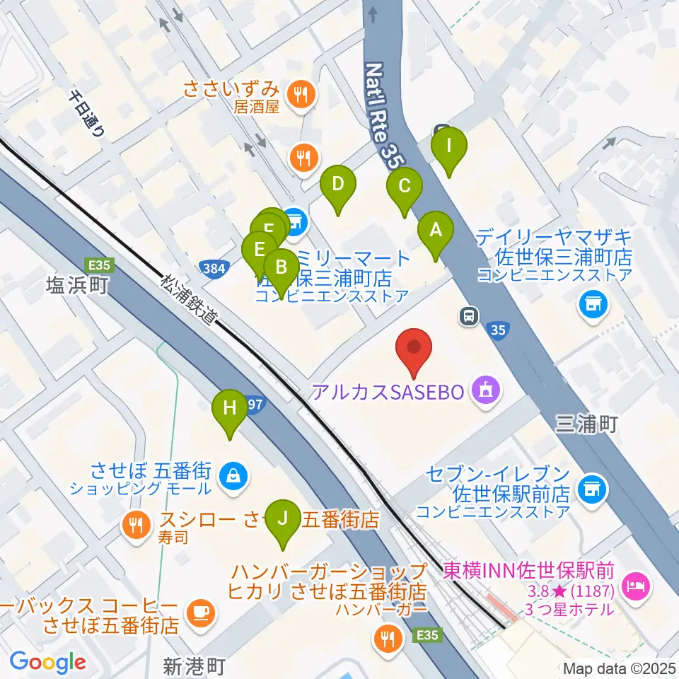 アルカスSASEBO周辺のファミレス・ファーストフード一覧地図