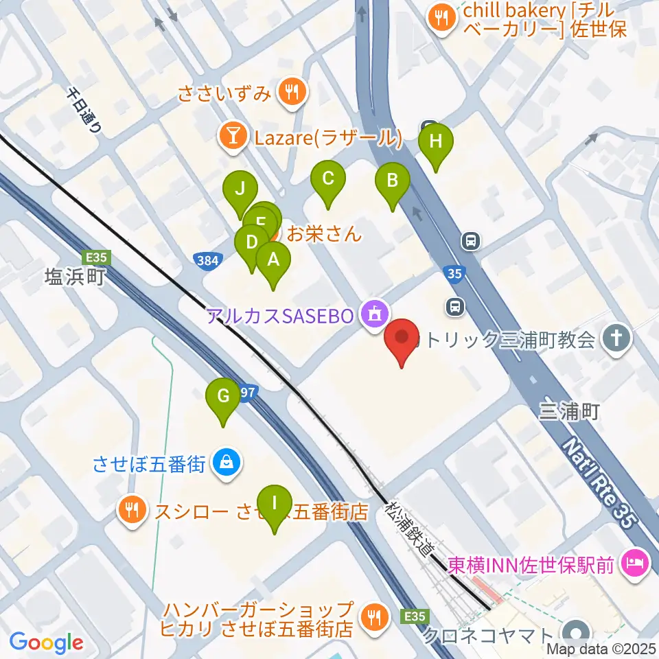 アルカスSASEBO周辺のファミレス・ファーストフード一覧地図