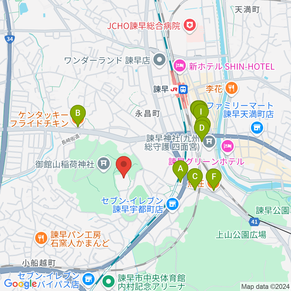 諫早文化会館周辺のファミレス・ファーストフード一覧地図