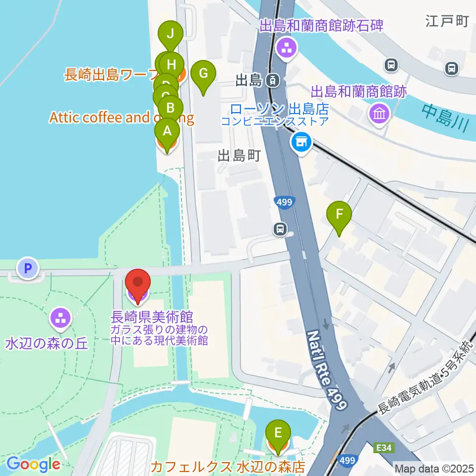 長崎県美術館周辺のファミレス・ファーストフード一覧地図
