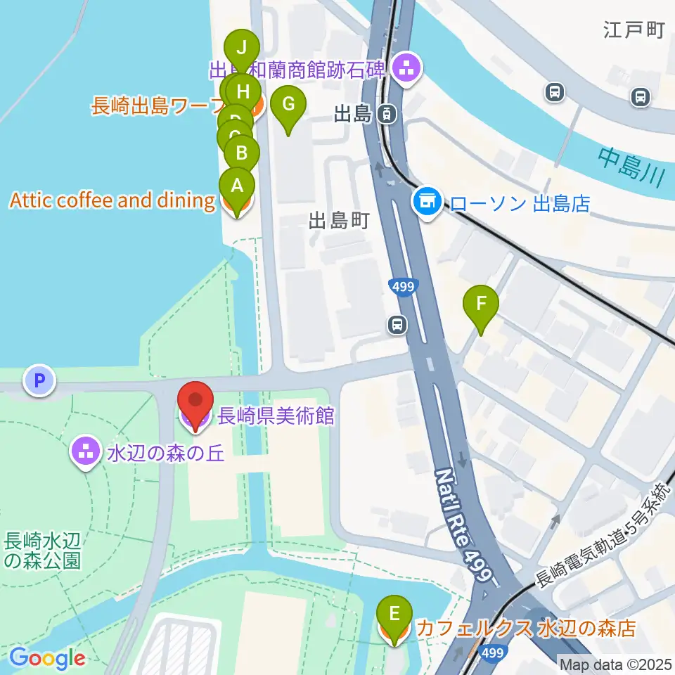 長崎県美術館周辺のファミレス・ファーストフード一覧地図