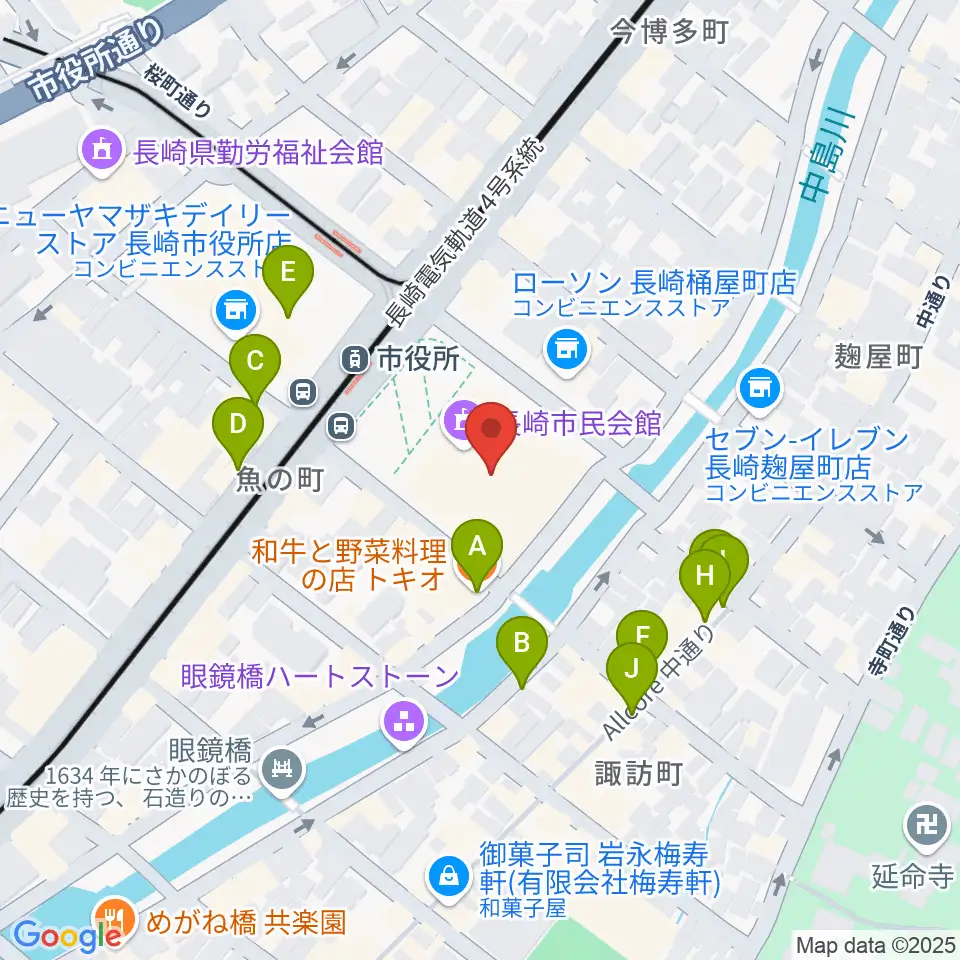 長崎市民会館周辺のファミレス・ファーストフード一覧地図