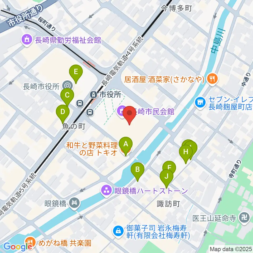 長崎市民会館周辺のファミレス・ファーストフード一覧地図