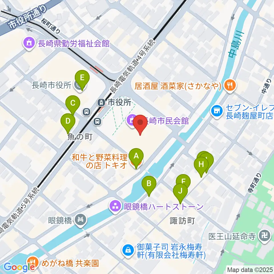 長崎市民会館周辺のファミレス・ファーストフード一覧地図