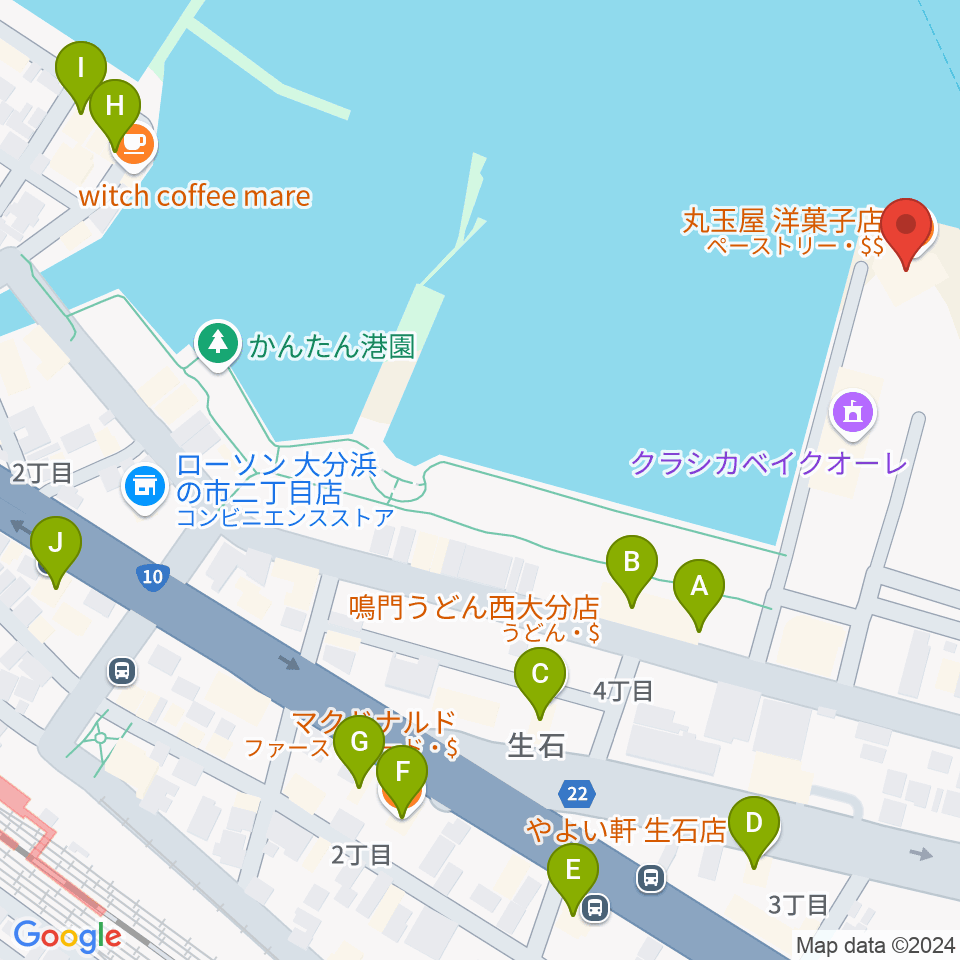 西大分T.O.P.S Bitts HALL周辺のファミレス・ファーストフード一覧地図