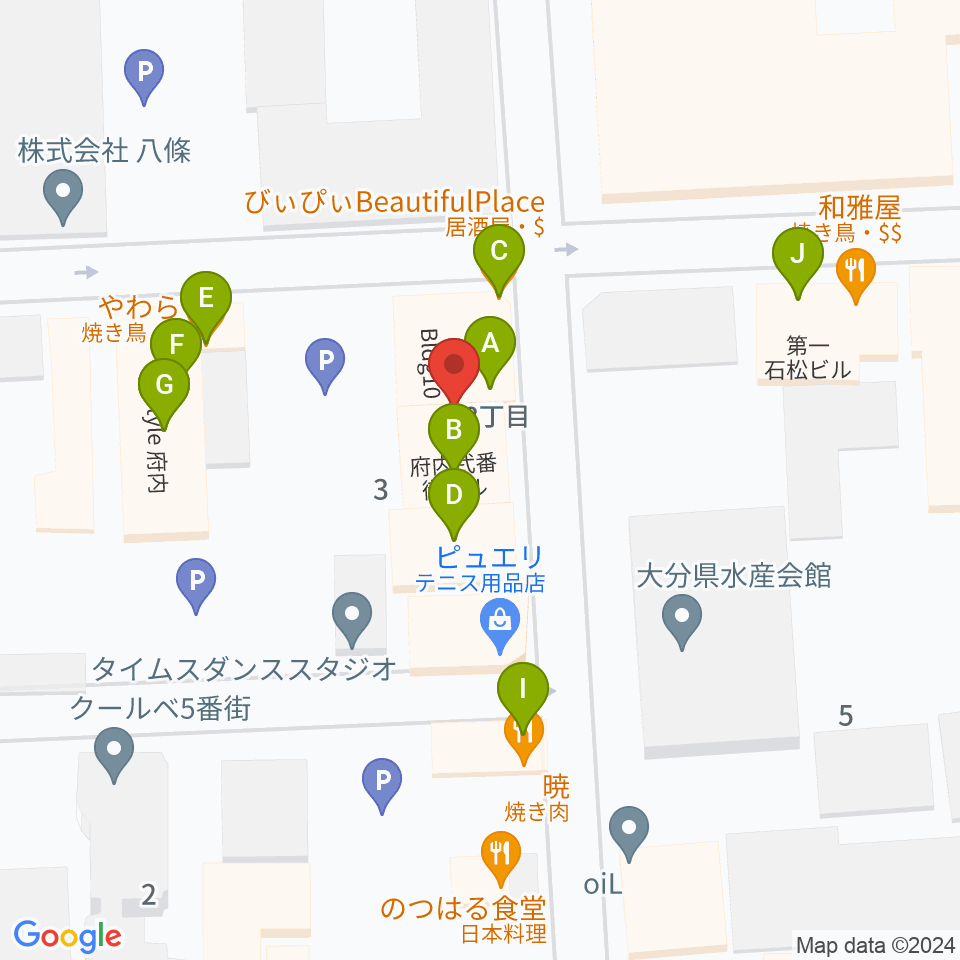 大分club SPOT周辺のファミレス・ファーストフード一覧地図