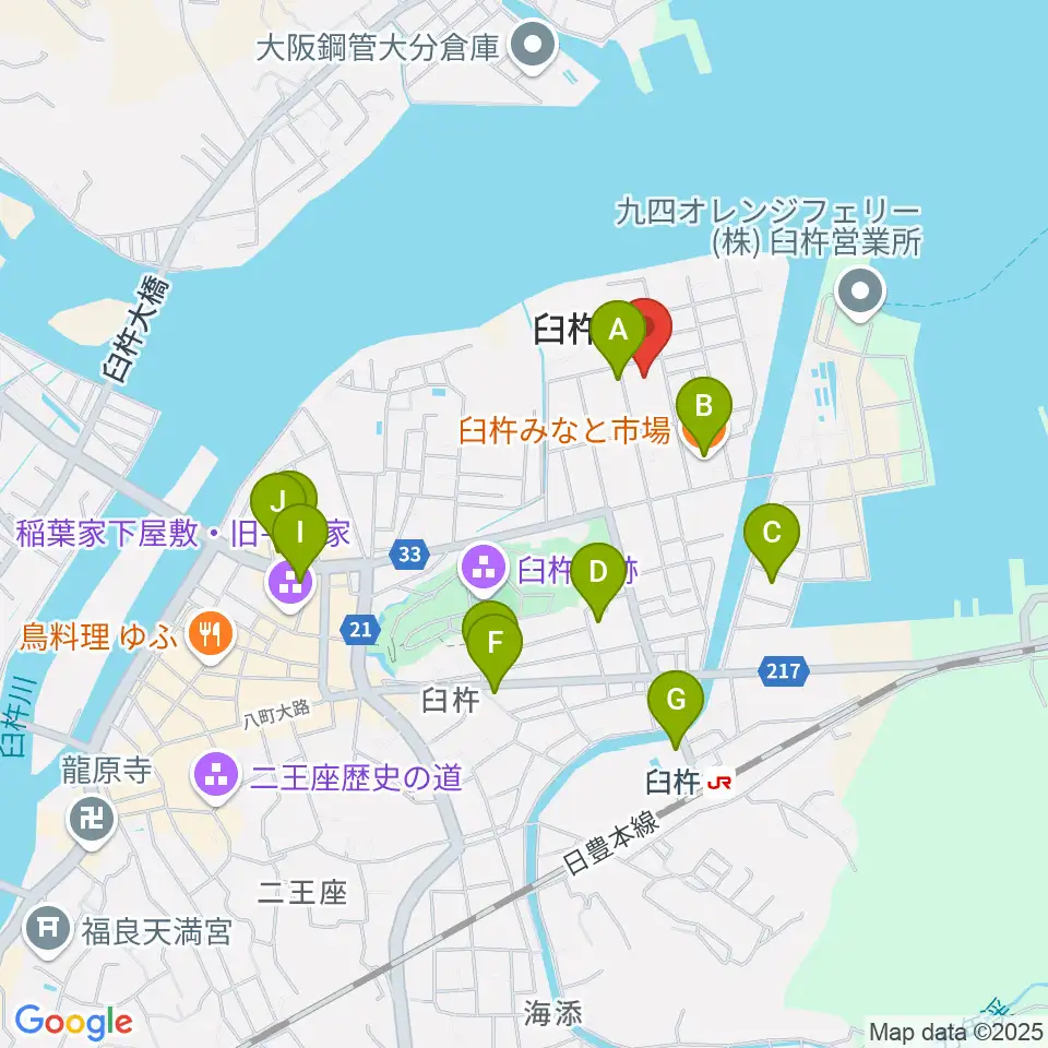 臼杵市民会館周辺のファミレス・ファーストフード一覧地図
