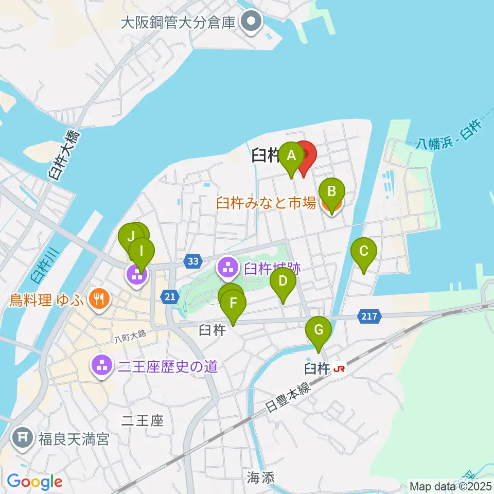 臼杵市民会館周辺のファミレス・ファーストフード一覧地図