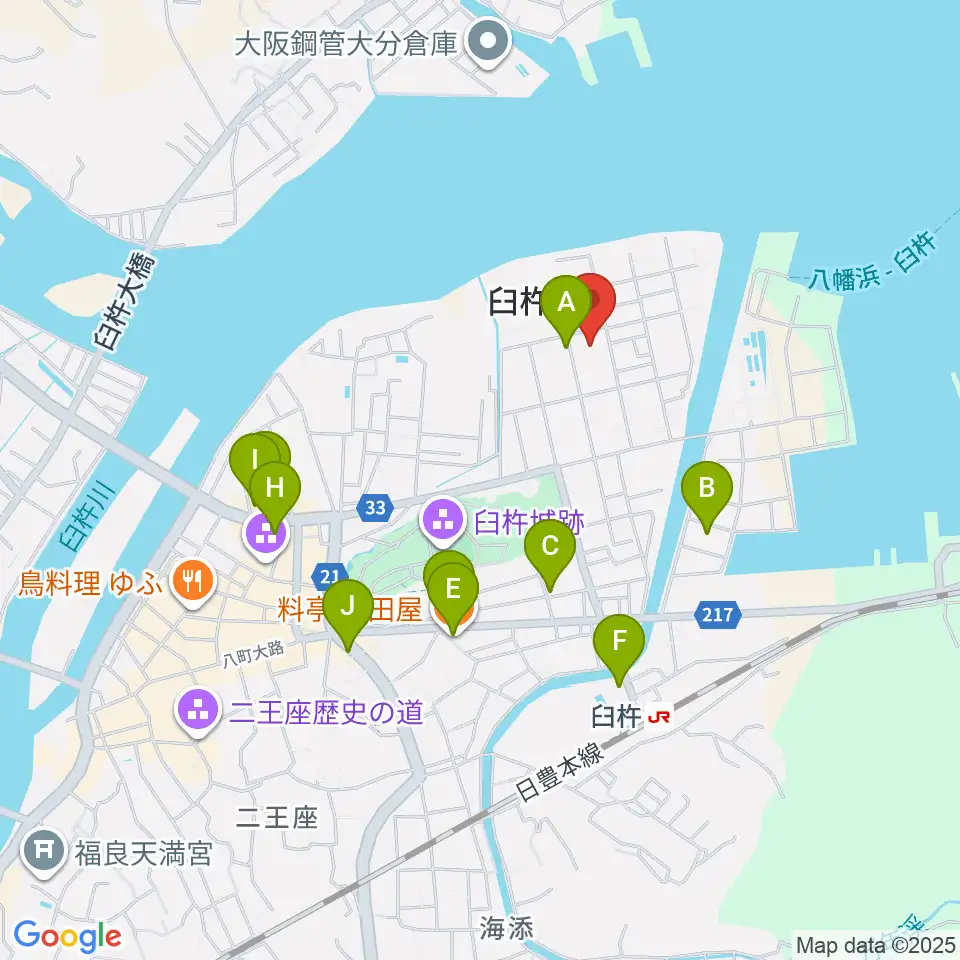 臼杵市民会館周辺のファミレス・ファーストフード一覧地図
