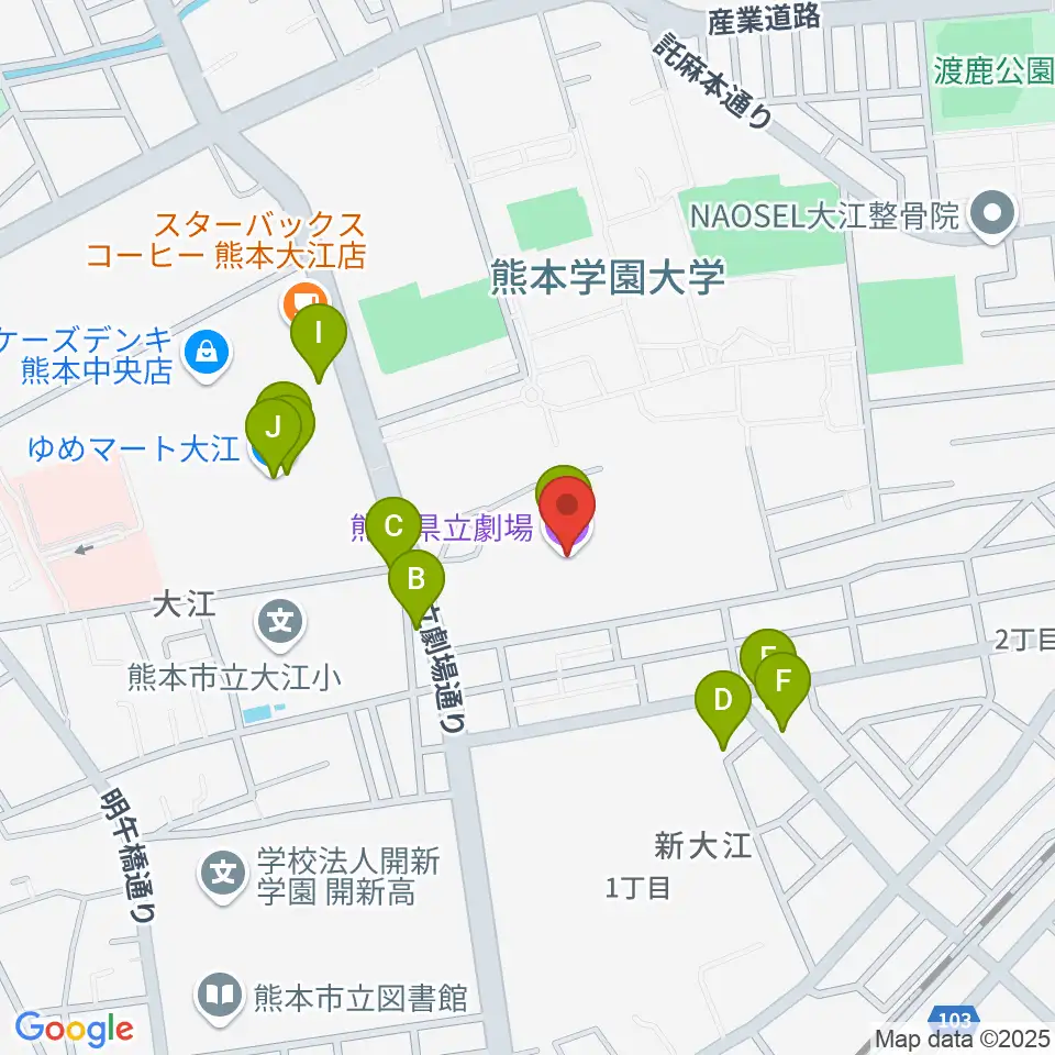熊本県立劇場周辺のファミレス・ファーストフード一覧地図