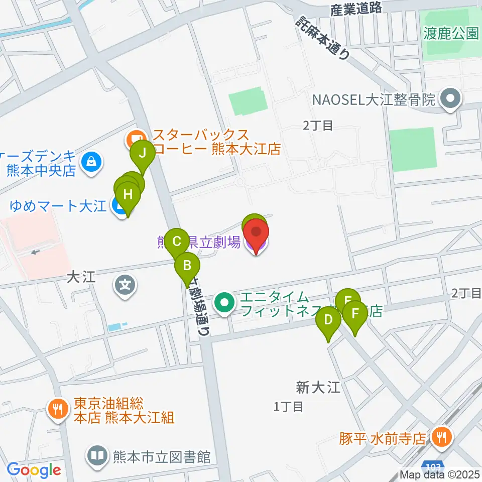 熊本県立劇場周辺のファミレス・ファーストフード一覧地図