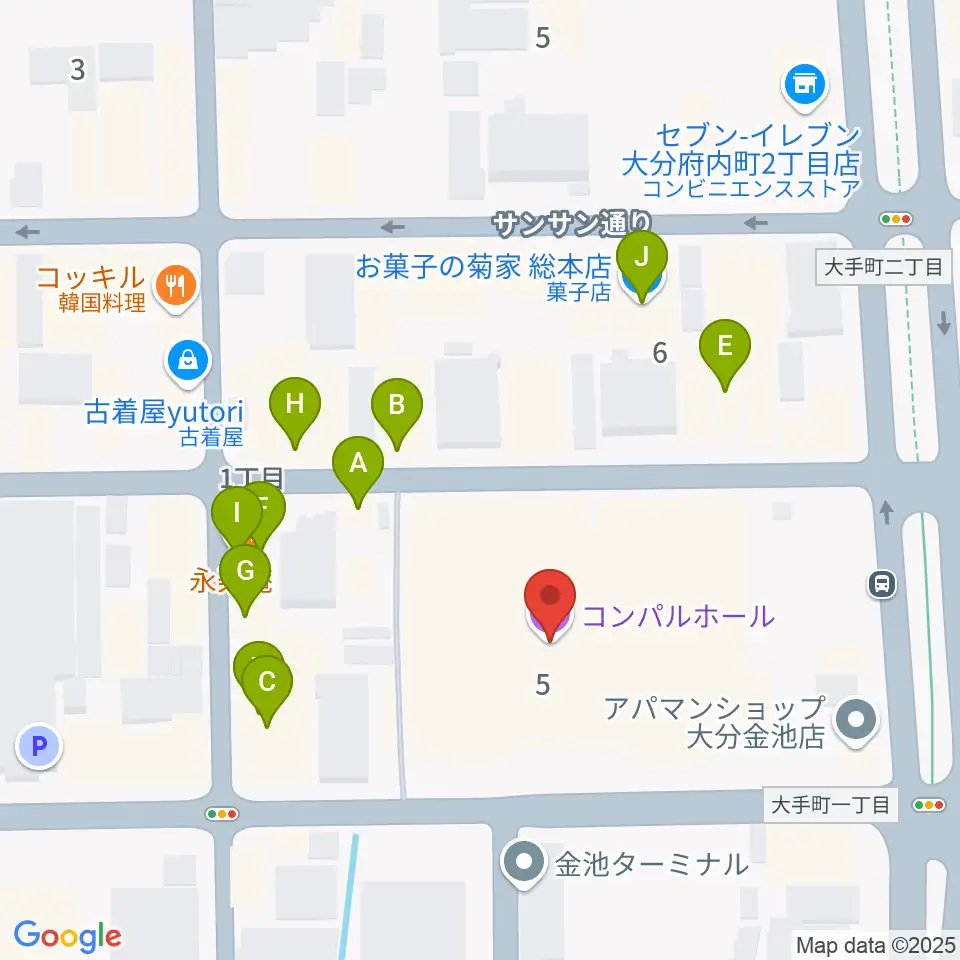 コンパルホール周辺のファミレス・ファーストフード一覧地図