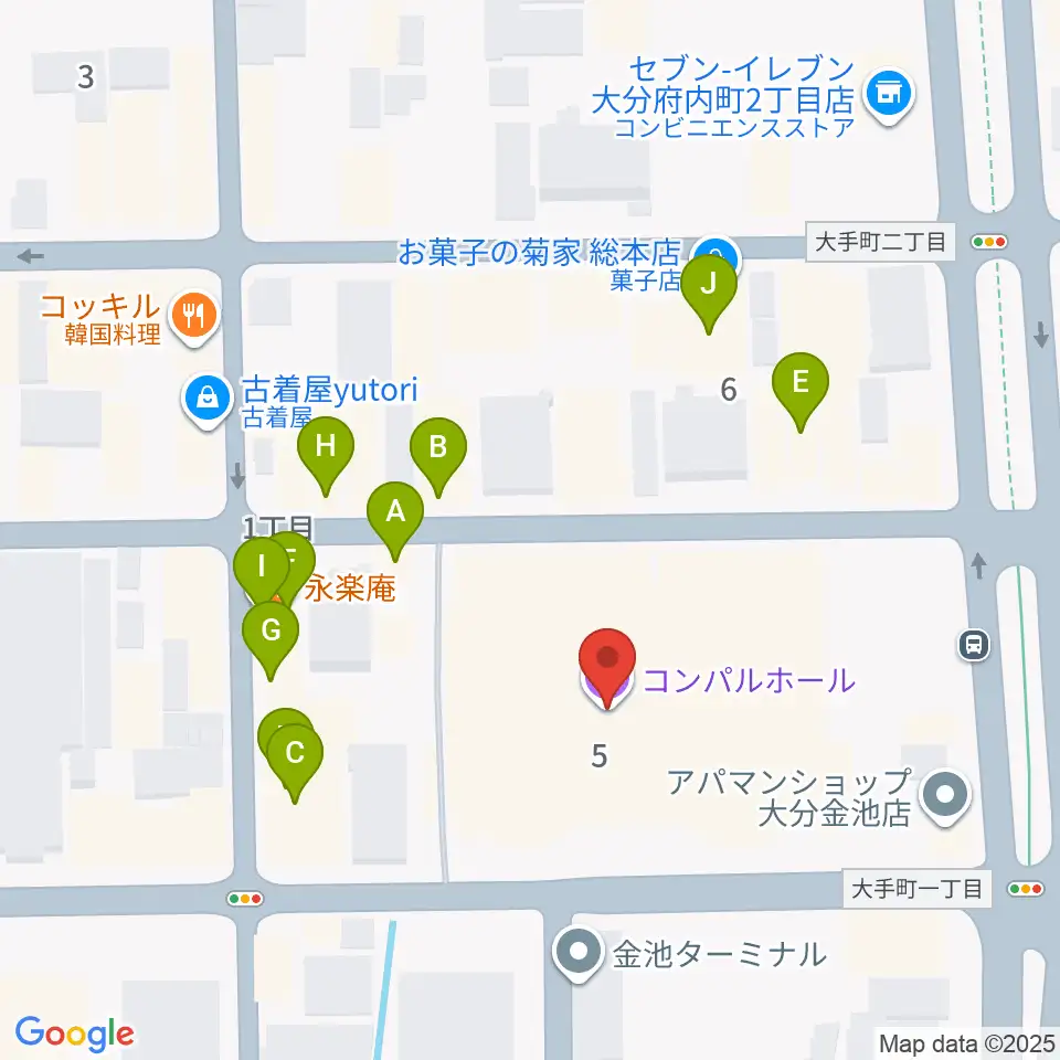 コンパルホール周辺のファミレス・ファーストフード一覧地図