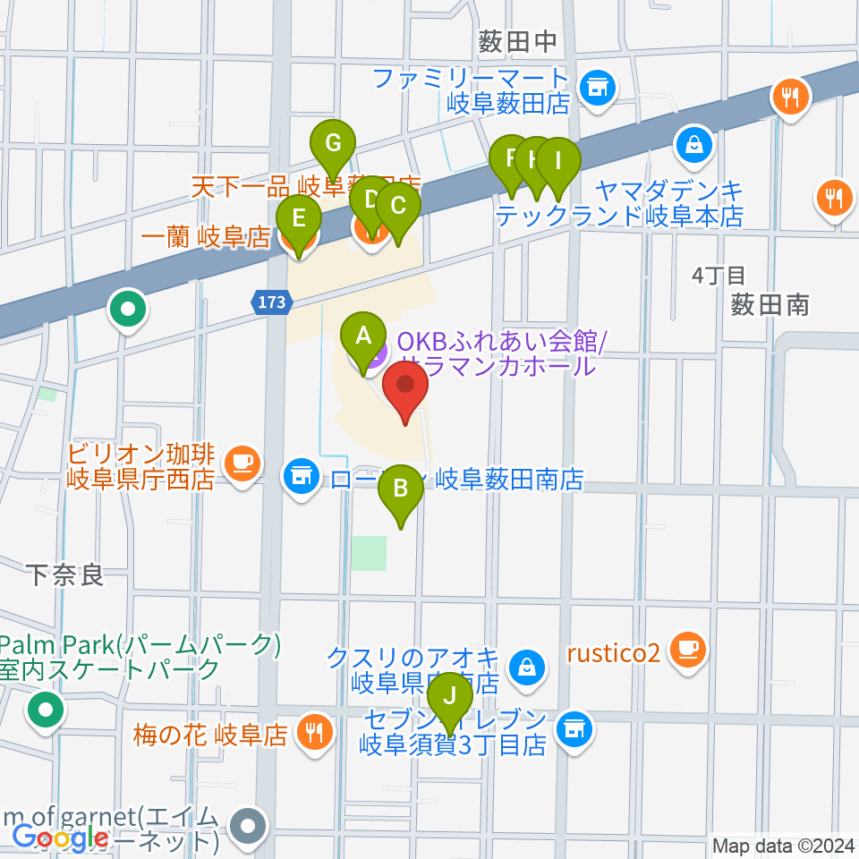 サラマンカホール周辺のファミレス・ファーストフード一覧地図