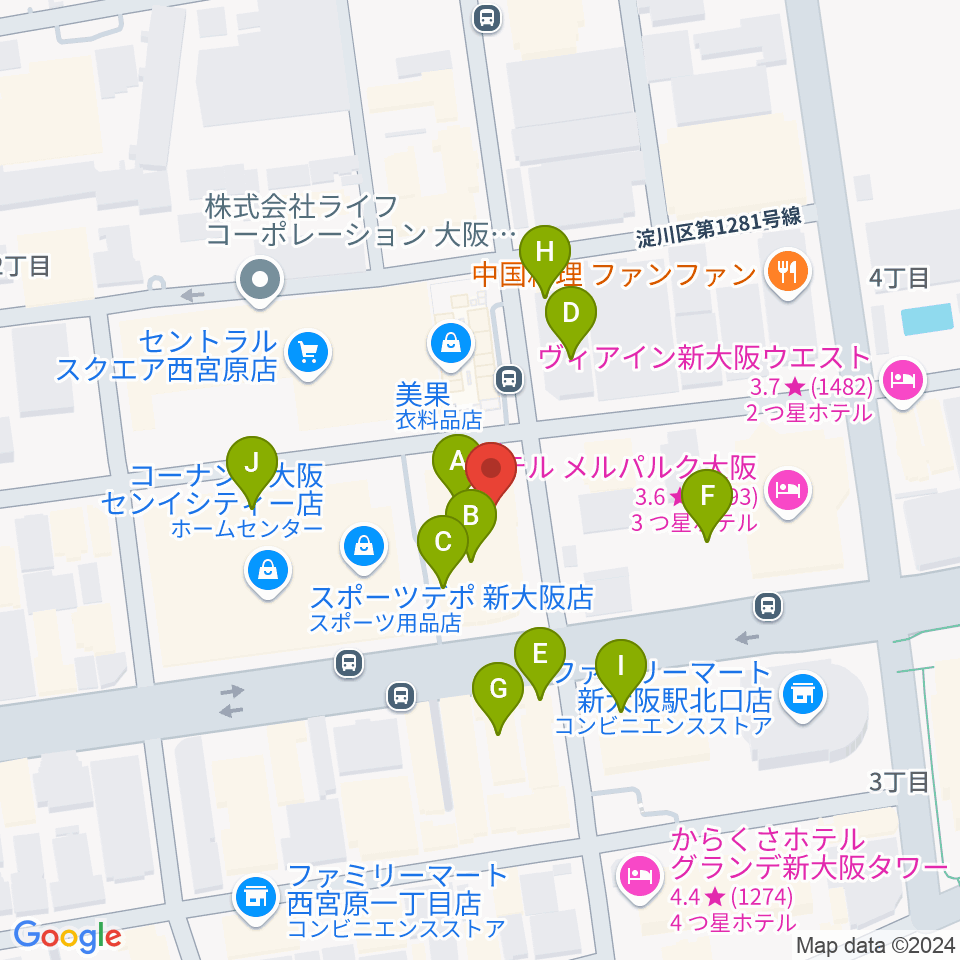 ムラマツ リサイタルホール 新大阪周辺のファミレス・ファーストフード一覧地図