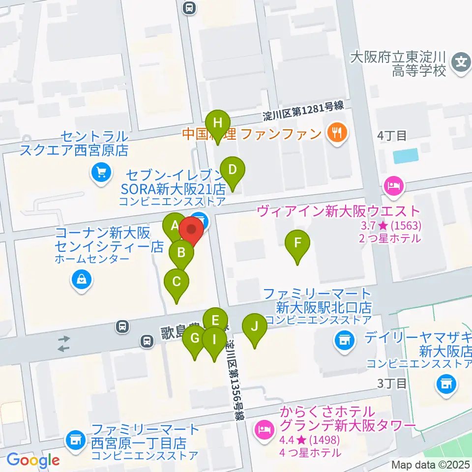 ムラマツ リサイタルホール 新大阪周辺のファミレス・ファーストフード一覧地図