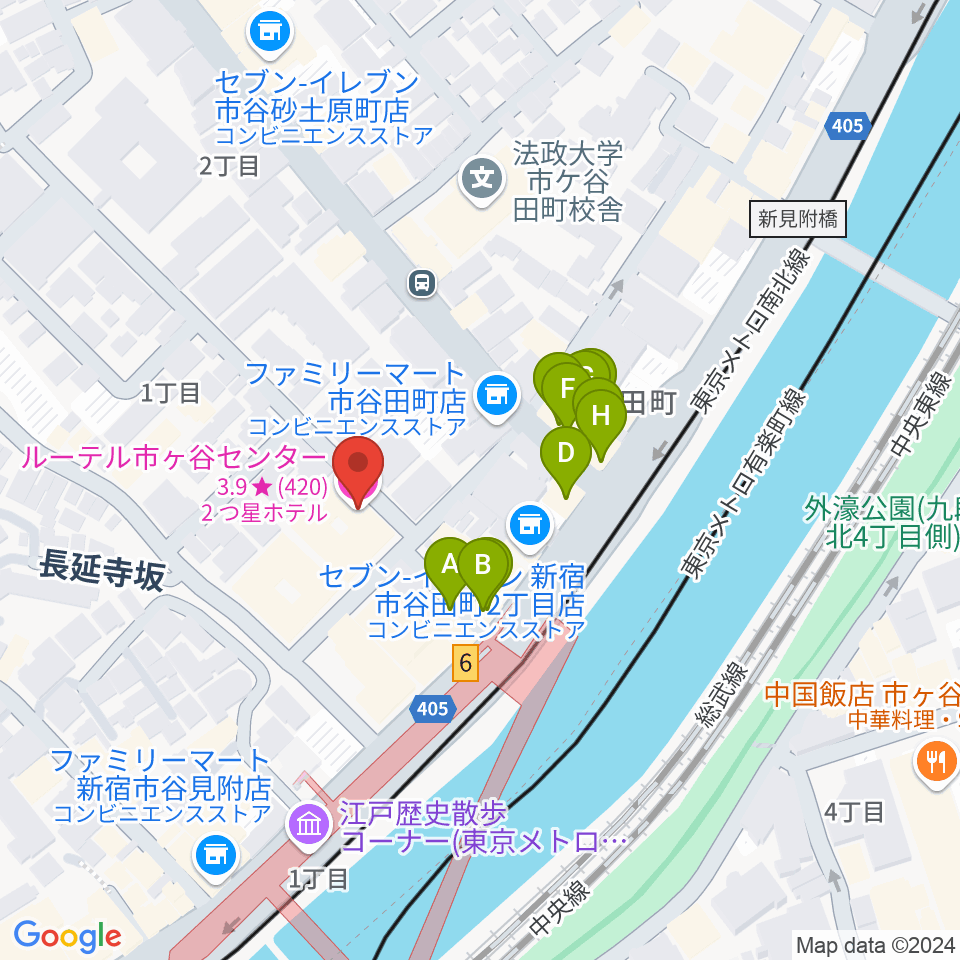 ルーテル市ヶ谷ホール周辺のファミレス・ファーストフード一覧地図