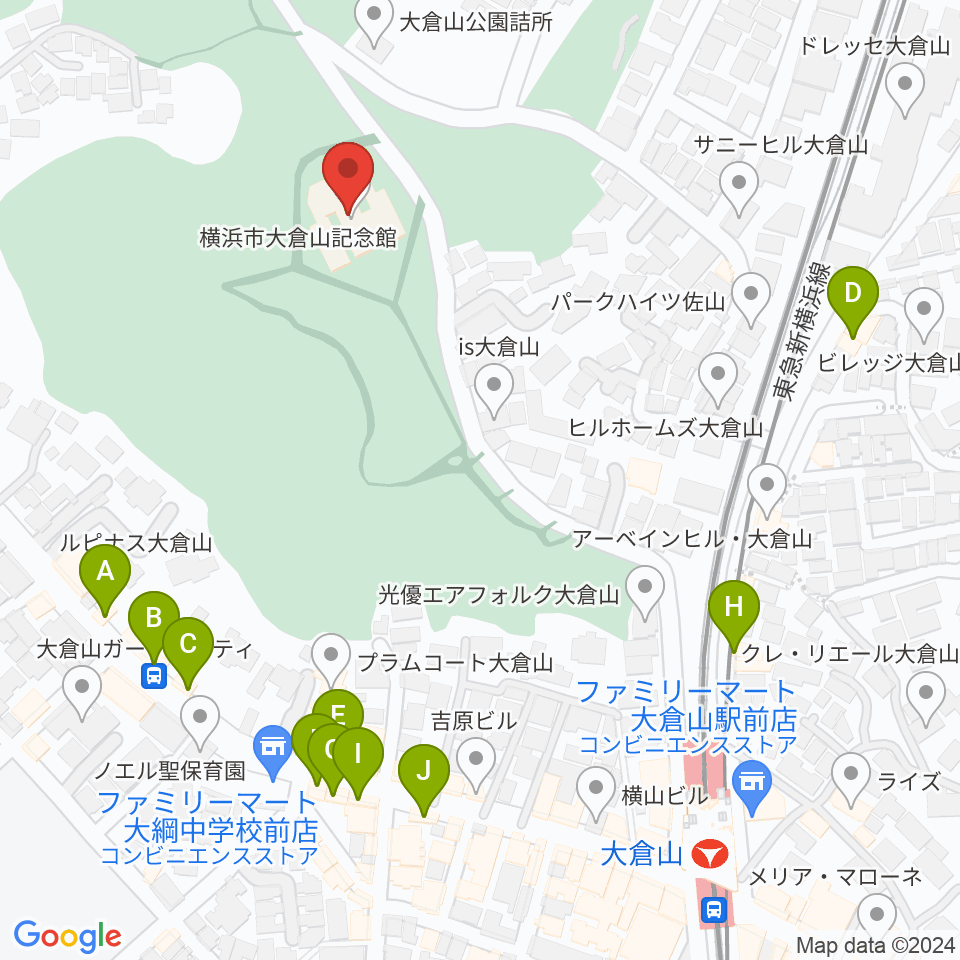 横浜市大倉山記念館周辺のファミレス・ファーストフード一覧地図