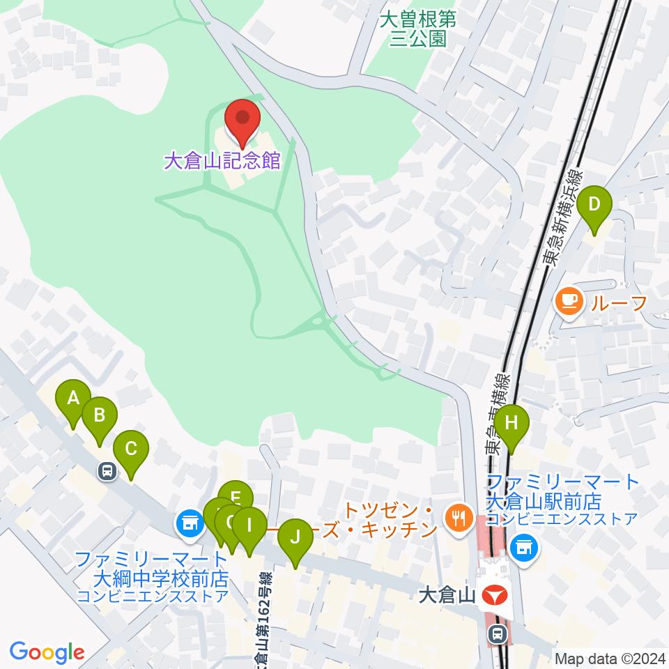 横浜市大倉山記念館周辺のファミレス・ファーストフード一覧地図