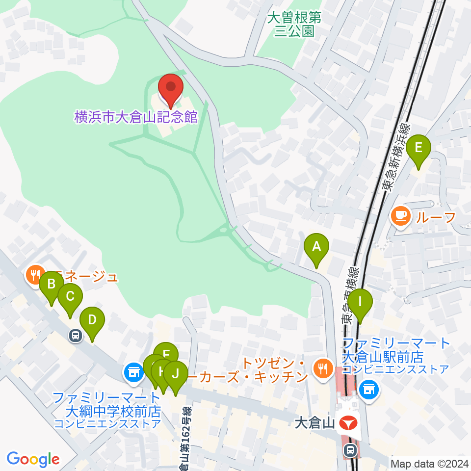 横浜市大倉山記念館周辺のファミレス・ファーストフード一覧地図