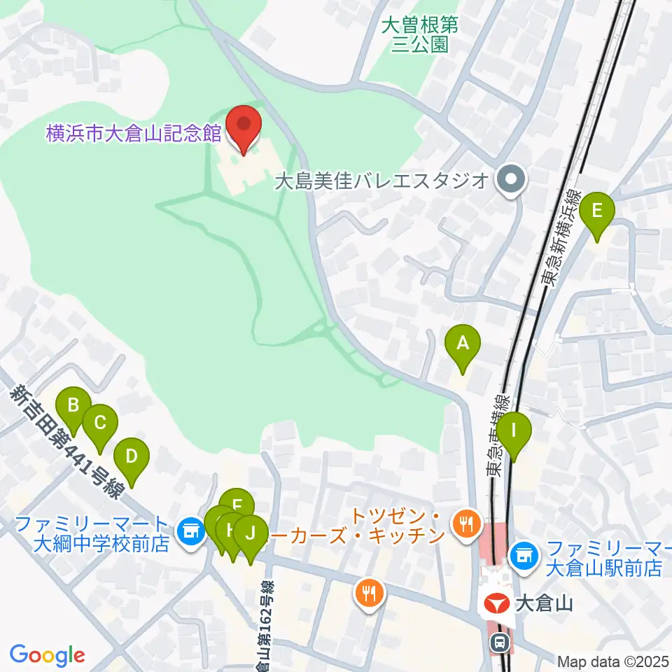 横浜市大倉山記念館周辺のファミレス・ファーストフード一覧地図