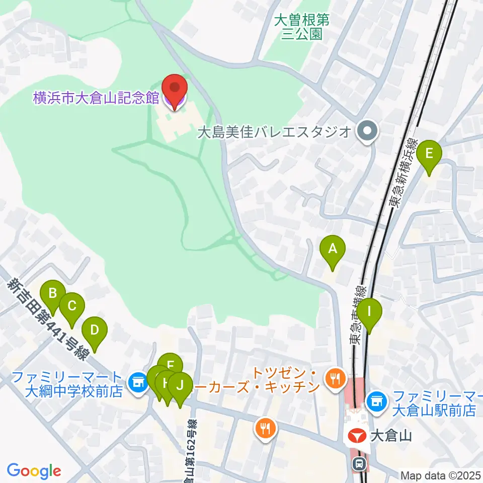 横浜市大倉山記念館周辺のファミレス・ファーストフード一覧地図