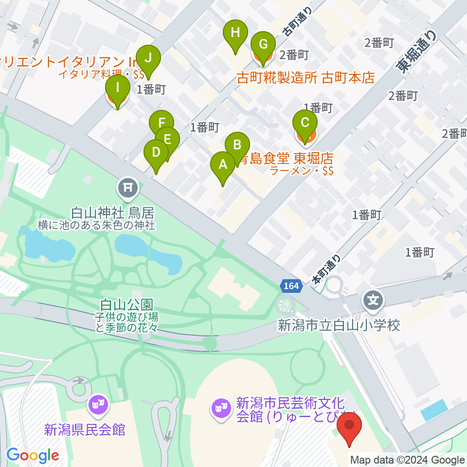 新潟市音楽文化会館周辺のファミレス・ファーストフード一覧地図