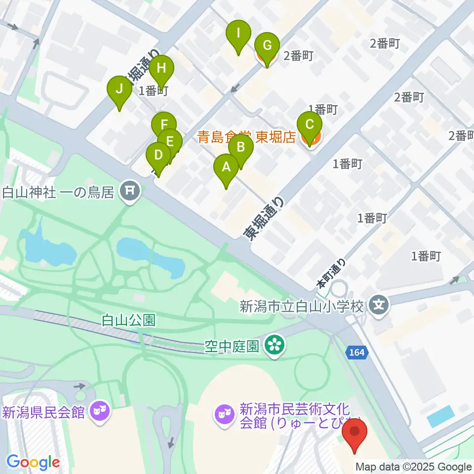 新潟市音楽文化会館周辺のファミレス・ファーストフード一覧地図