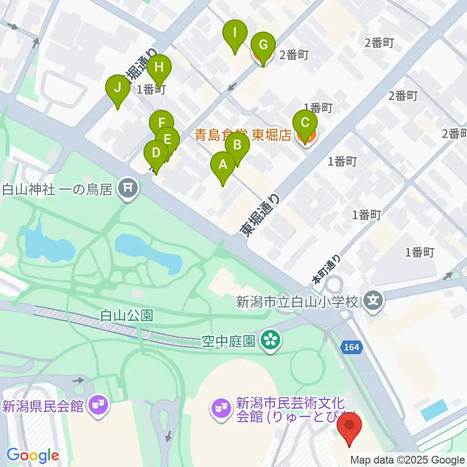新潟市音楽文化会館周辺のファミレス・ファーストフード一覧地図